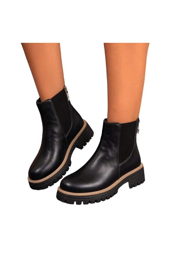 Womens Platform Chunky Chelsea Ankle Boots Classic Solid Leather Patchwork Elastic Slip on Short Combat Riding Booties Comfortable Walking