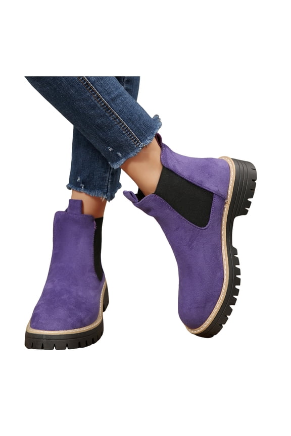 Womens Platform Chunky Chelsea Boots Fall Winter Fashion Suede Round Toe Non Slip Slip-On Short Ankle Booties Purple Size 8.5