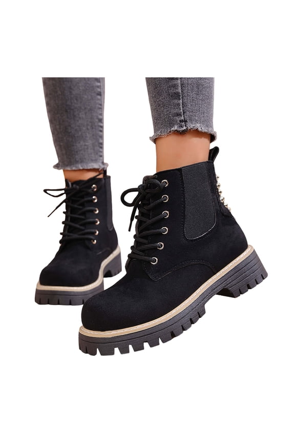 Womens Platform Chunky Combat Boots Fashion Casual Suede Lace up Elastic Slip on Lug Sole Mid Calf Chukka Ankle Booties Black Size 8