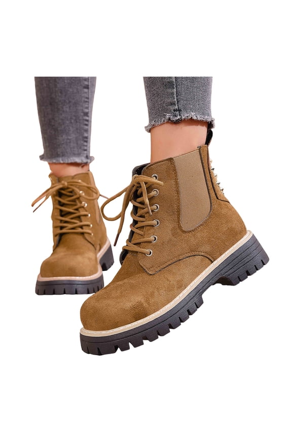 Womens Platform Chunky Combat Boots Fashion Casual Suede Lace up Elastic Slip on Lug Sole Mid Calf Chukka Ankle Booties Brown Size 8