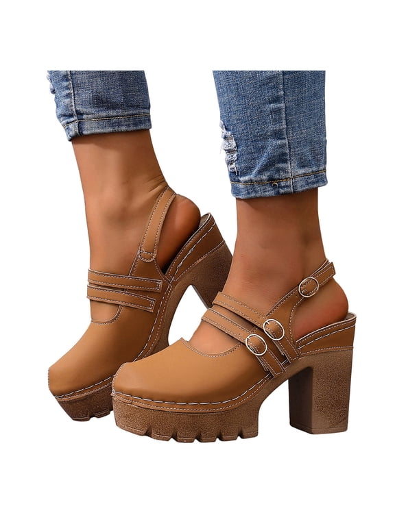 Womens Platform Chunky High Heels Mary Jane Mules Sandals Summer Fall Trendy Casual Buckles Leather Closed Toe Block Heeled Slingback Dressy Footwear with Back Straps Brown Size 8.5