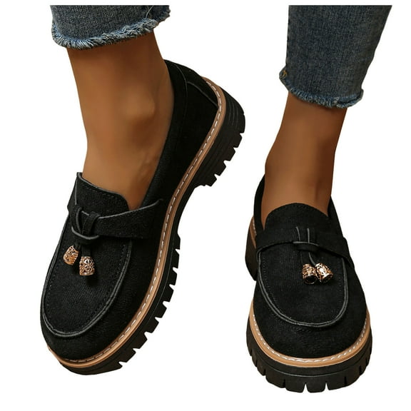 Rokment Womens Platform Chunky Oxfords Dress Shoes 2026 Spring Fashion Casual Suede Beads Slip on Penny Loafers Mary Jane Walking Flat Black Size 8.5