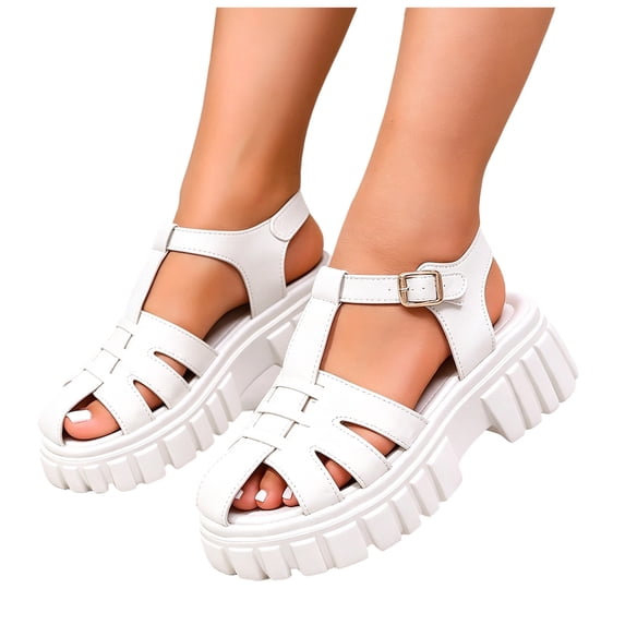 Rokment Womens Platform Closed Toe Gladiator Sandals Roman Retro Beach Casual Leather Ankle Strap Height Increasing Chunky Flat Comfortable Walking Summer Shoes White Size 9.5