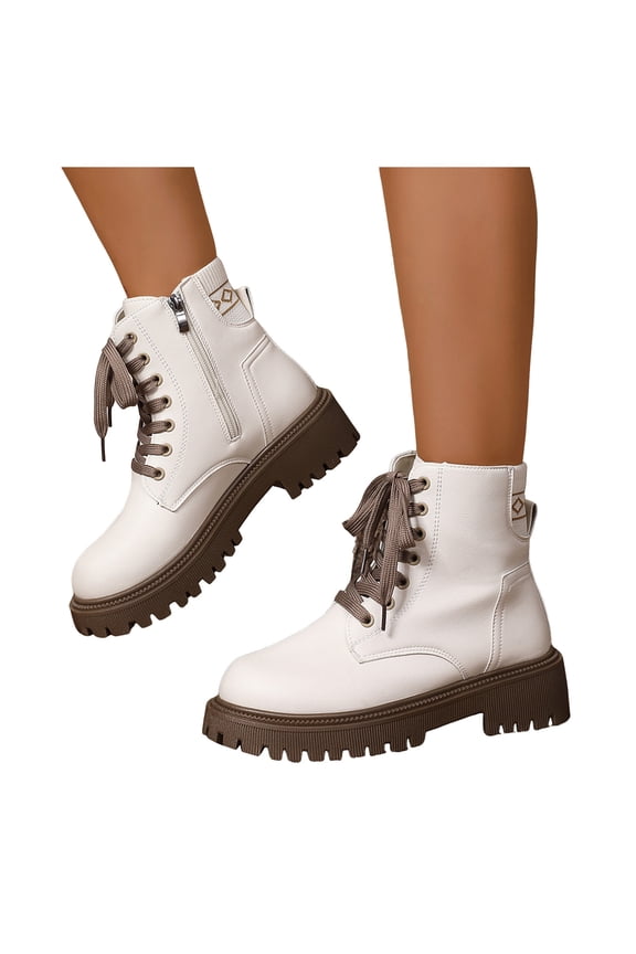 Womens Platform Combat Boots 2025 Fall Winter Fashion Leather Knit Patchwork Chunky Mid Calf Ankle Booties