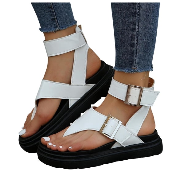 Rokment Womens Platform Flip Flops Dress Sandals 2026 Fashion Casual Metallic Leather Buckles Ankle Strap Chunky Heels Thong Walking Summer Shoes for Vacation White Size 6.5