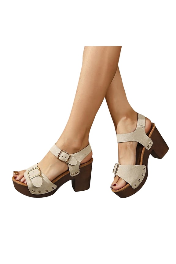 Womens Platform High Heels Dressy Sandals 2026 Summer Fashion Casual Buckles Leather Open Toe Ankle Strap Block Pumps Arch Support Dress Sandals for Ladies Beige Size 6.5