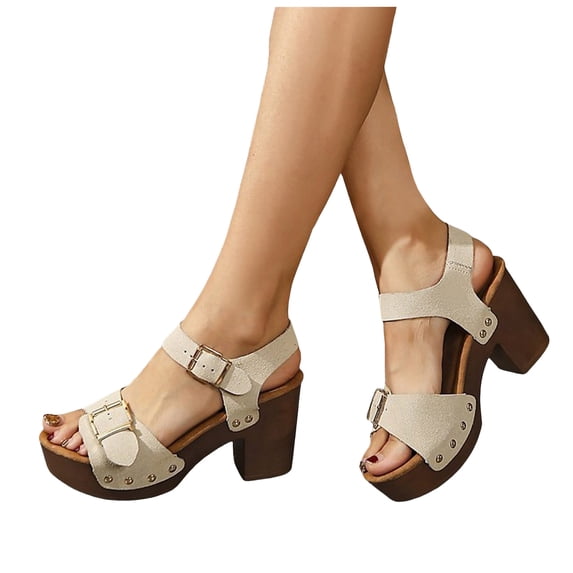 Rokment Womens Platform High Heels Dressy Sandals 2026 Summer Fashion Casual Buckles Leather Open Toe Ankle Strap Block Pumps Arch Support Dress Sandals for Ladies Beige Size 6.5