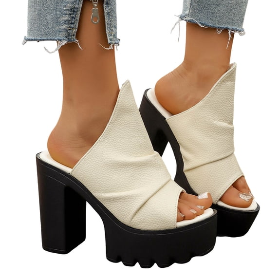 Rokment Womens Platform High Heels Gladiator Dress Slippers Sandals Trendy Casual Leather Peep Toe Chunky Block Heeled Backless Slip on Slides Summer Shoes for Ladies White Size 6.5