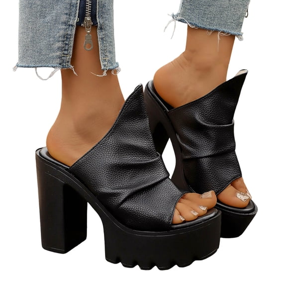 Rokment Womens Platform High Heels Gladiator Dress Slippers Sandals Trendy Casual Leather Peep Toe Chunky Block Heeled Backless Slip on Slides Summer Shoes for Ladies Black Size 6