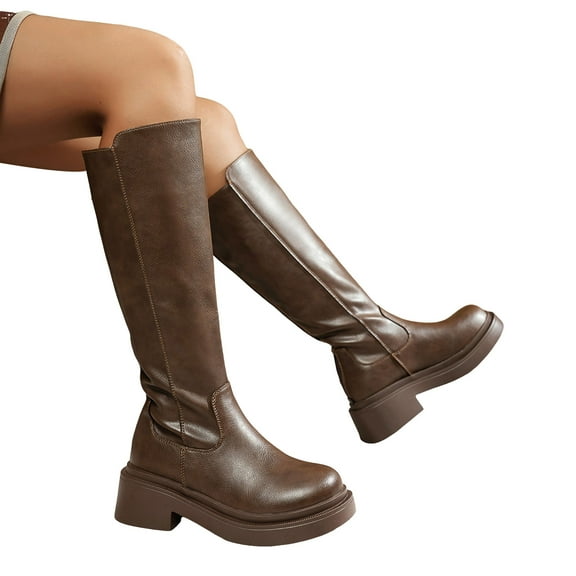 Rokment Womens Platform Knee High Boots for Ladies Winter Spring Trendy Casual Leather Round Toe Chunky Block Mid Heel Wide Calf Dress Boots Brown Size 8