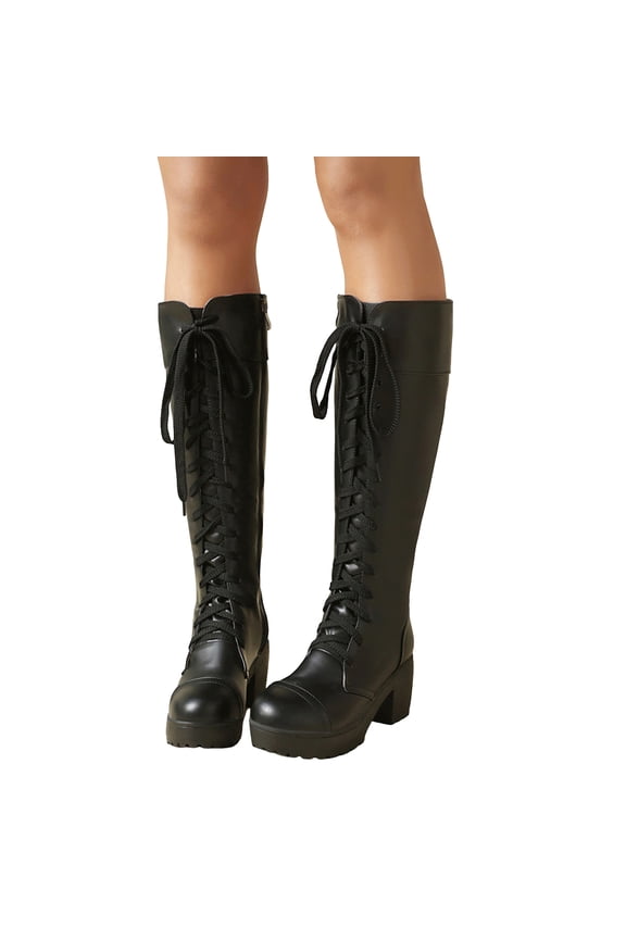 Womens Platform Knee High Combat Boots Cocktail Banquet Party Vintage Leather Chunky High Heel Mid Calf Dress Tall Boots Black Size 9