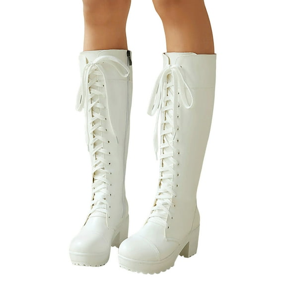 Rokment Womens Platform Knee High Combat Boots Cocktail Banquet Party Vintage Leather Chunky High Heel Mid Calf Dress Tall Boots White Size 7