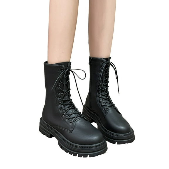 Rokment Womens Platform Mid Calf Combat Boots Vintage Gothic Leather Lace up Chunky Mid Heel Riding Short Booties Black Size 8.5