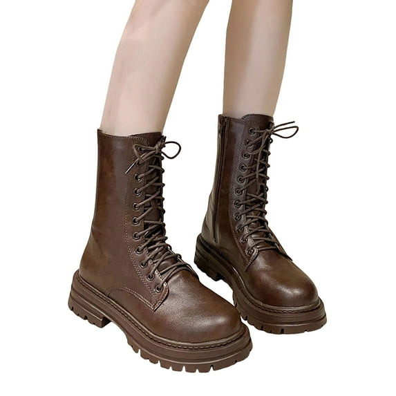 Rokment Womens Platform Mid Calf Combat Boots Vintage Gothic Leather Lace up Chunky Mid Heel Riding Short Booties Brown Size 7.5