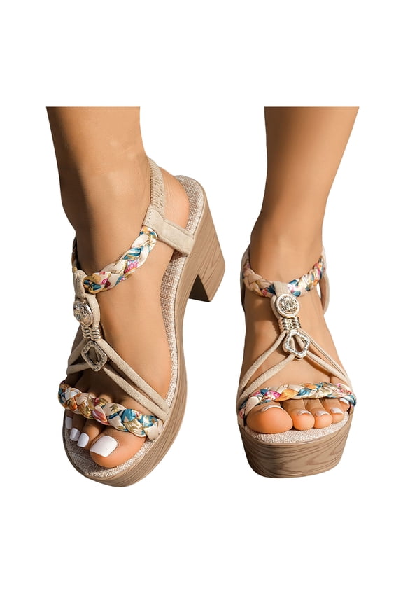 Womens Platform Slingback Dress Sandals 2026 Beach Summer Boho Braided Gemstones Chunky Block High Heel Linen Sandals Beige Size 5