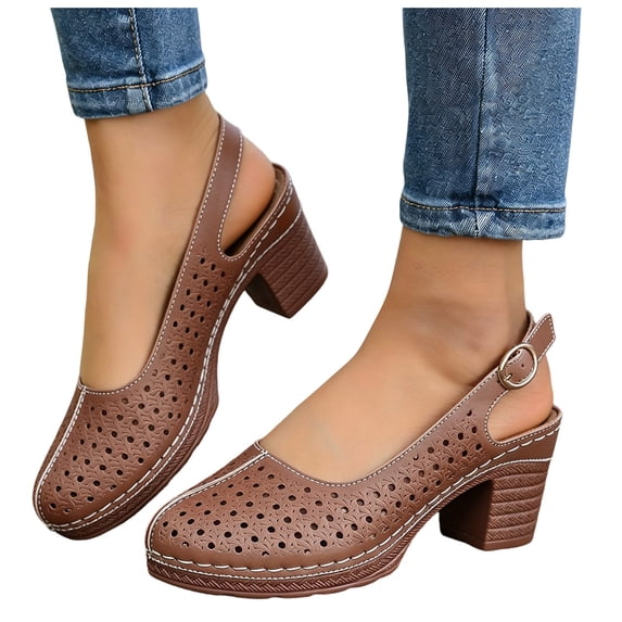 Rokment Womens Platform Slingback Dressy Sandals 2026 Ladies Fashion Casual Hollow out Leather Closed Toe Chunky Stackable High Heels Slip on Dress Shoes with Back Strap Summer Fall Brown Size 7.5