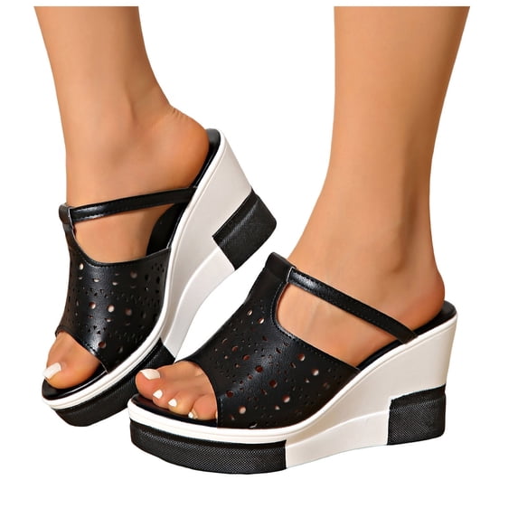 Rokment Womens Platform Wedge Backless Slides Sandals Ladies Openwork Leather Peep Toe Color Block Chunky Heels Mules Dress Slip on Slippers Summer 2026