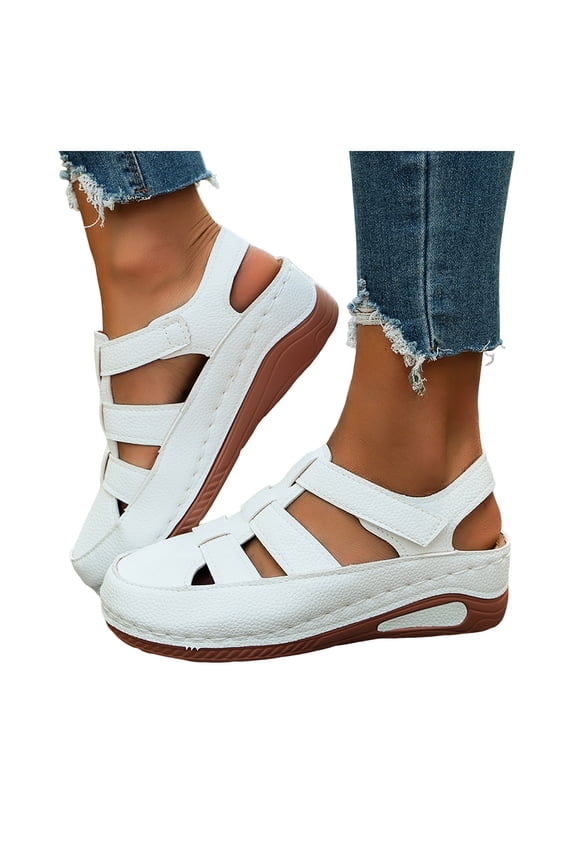 Womens Platform Wedge Closed Toe Gladiator Sandals with Ankle Straps Comfortable Vintage Casual Openwork Leather Chunky Heels Fisherman Walking Summer Shoes White Size 7.5