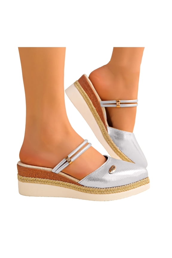 Womens Platform Wedge Dress Slip on Sandals 2026 Summer Fashion Metallic Two-Ways Convertible Leather Closed Toe Clogs Slingback Dressy Slides for Bride Wedding Silver Size 7.5