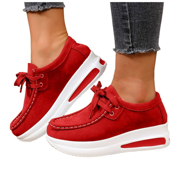 Rokment Womens Platform Wedge Fashion Sneakers Wide Width 2026 Spring Fall Suede Chunky High Heel Walking Non Slip Work Shoes Red Size 6.5