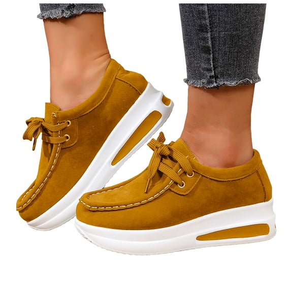 Rokment Womens Platform Wedge Fashion Sneakers Wide Width 2026 Spring Fall Suede Chunky High Heel Walking Non Slip Work Shoes Yellow Size 8