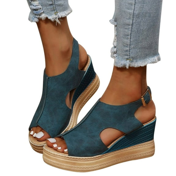 Rokment Womens Platform Wedge Gladiatoor Sandals 2026 Summer Fashion Casual Leather Pep Open Toe Cut-Out Chunky High Heels Slingback Dress Sandals for Woman Blue Size 6.5
