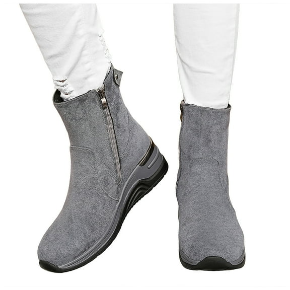 Rokment Womens Platform Wedge Mid Calf Boots with Side Zipper Stylish Casual Suede Mid Heel Walking Work Short Booties Fall Winter Grey Size 7.5