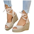 thumbnail image 1 of Rokment Womens Platform Wedge Strappy Dressy Sandals Bride Wedding Elegant Casual Suede Peep Toe Espadrilles Chunky High Heels Beach Dress Summer Shoes Beige Size 6.5, 1 of 6