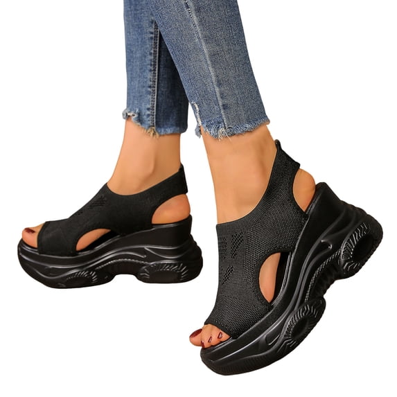 Rokment Womens Platform Wedges Walking Running Sandals Breathable Comfortable Mesh Hollow out Height Increasing Chunky High Heels Athletic Work Nursing Summer Shoes Black Size 7