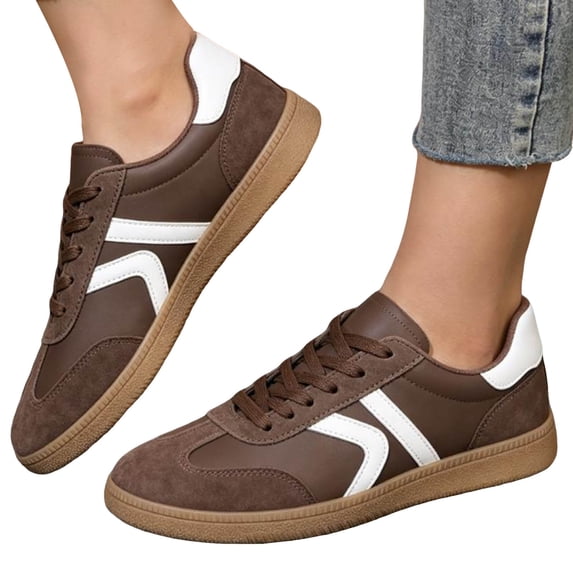 Rokment Womens Retro Color Block Low Top Walking Shoes Casual Suede Leather Patchwork Lace up Fashion Sneakers Outdoor Athletic Tennis Flat