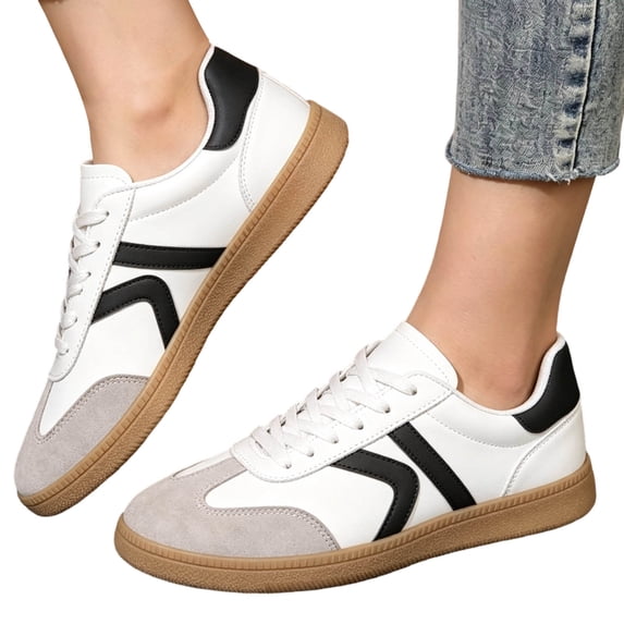 Rokment Womens Retro Color Block Low Top Walking Shoes Casual Suede Leather Patchwork Lace up Fashion Sneakers Outdoor Athletic Tennis Flat