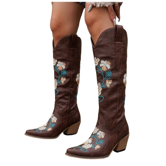 Rokment Womens Retro Floral Embroidered Wide Calf Knee High Cowboy Boots Boho Suede Pointed Toe Chunky Heels Knee-Length Western Cowgirl Dress Tall Booties
