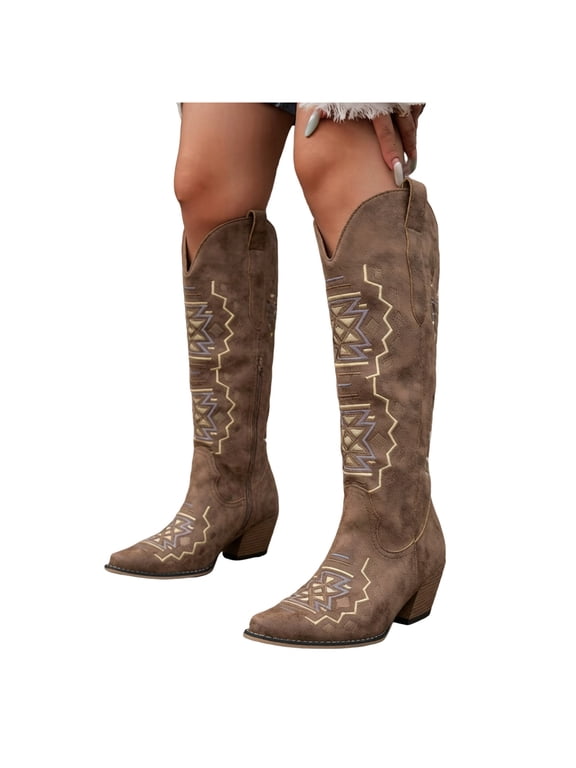 Womens Retro Floral Embroidered Wide Calf Knee High Cowboy Boots Boho Suede Pointed Toe Chunky Heels Knee-Length Western Cowgirl Dress Tall Booties