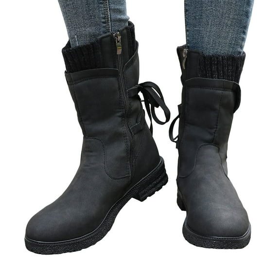Rokment Womens Retro Mid Calf Boots with Back Lace up Vintage Suede Knit Patchwork Winter Fall Combat Cowboy Work Boots Black Size 7.5