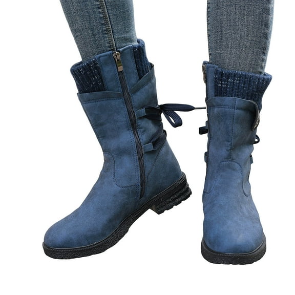 Rokment Womens Retro Mid Calf Boots with Back Lace up Vintage Suede Knit Patchwork Winter Fall Combat Cowboy Work Boots Blue Size 7.5