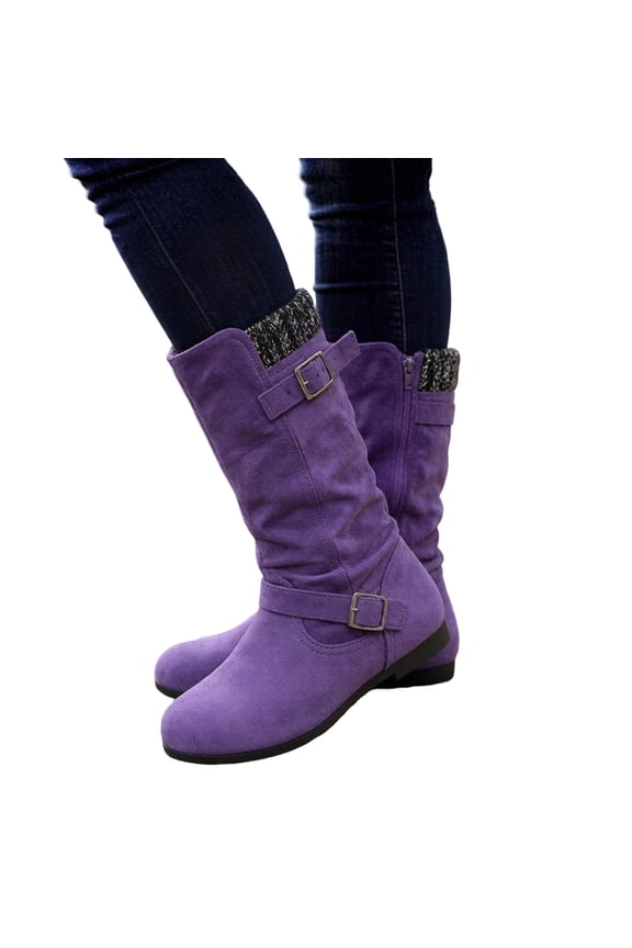 Womens Retro Slouch Mid Calf Flat Boots Comfortable Casual Buckles Suede Knit Patchwork Round Toe No Heels Dress Booties Fall Winter