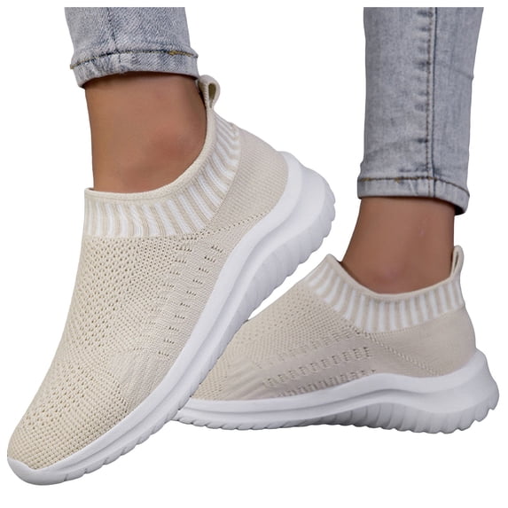 Rokment Womens Slip on Socks Running Walking Jogging Shoes Comfortable Mesh Memory Foam Cross-Training Driving Hiking Workout Tennis Nursing Sneakers Beige Size 6.5