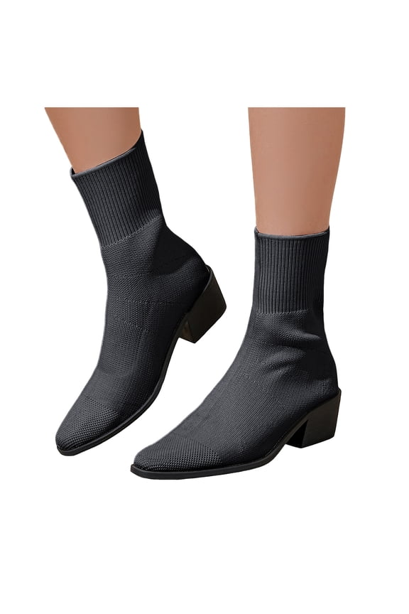 Womens Slip on Socks Oxfords Dress Boots Fall Winter Fashion Casual Stretchy Knitted Pointed Toe Mid Calf Short Boots Black Size 6