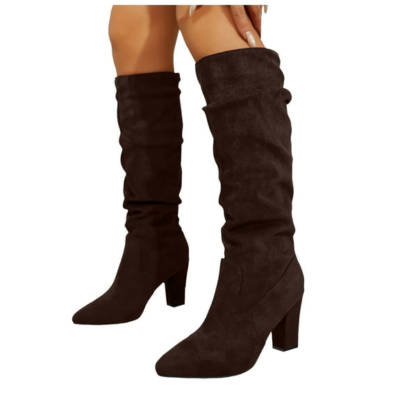Rokment Womens Slouch Knee High Dress Boots 2025 Fall Winter Fashion Suede Pointed Toe High Heels Mid Calf Tall Boots Coffee Size 6.5