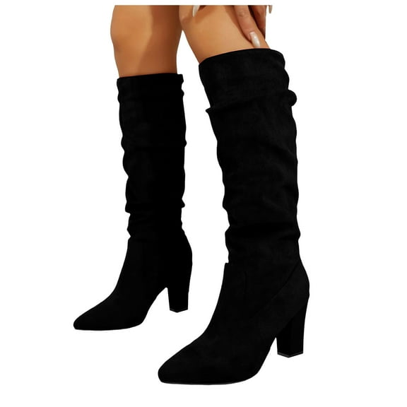 Rokment Womens Slouch Knee High Dress Boots 2025 Fall Winter Fashion Suede Pointed Toe High Heels Mid Calf Tall Boots Black Size 9