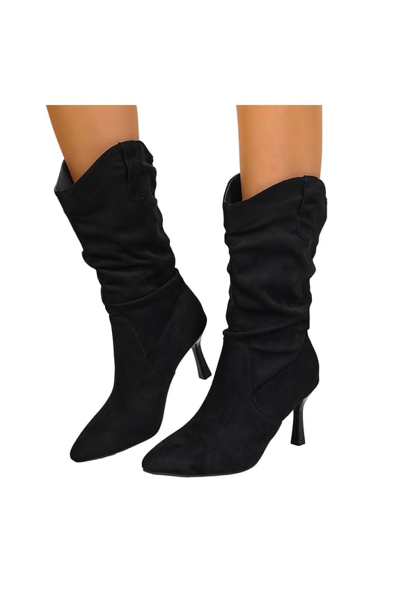 Womens Slouchy Stiletto Wide Calf Dress Boots Fall Winter Fashion Suede Pointed Toe High Heels Slip on Dressy Pumps Mid Calf Tall Boots for Ladies Black Size 6