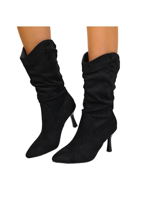 Womens Slouchy Stiletto Wide Calf Dress Boots Fall Winter Fashion Suede Pointed Toe High Heels Slip on Dressy Pumps Mid Calf Tall Boots for Ladies Black Size 6