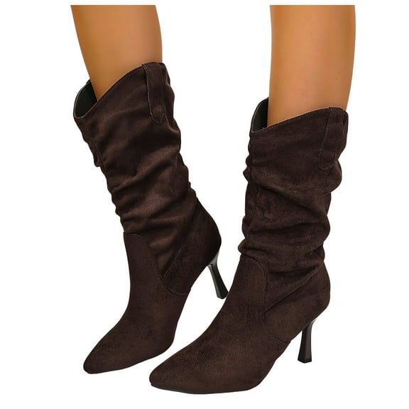 Rokment Womens Slouchy Stiletto Wide Calf Dress Boots Fall Winter Fashion Suede Pointed Toe High Heels Slip on Dressy Pumps Mid Calf Tall Boots for Ladies Khaki Size 8