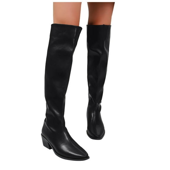 Rokment Womens Slouchy Thigh High Boots Fashion Winter Fall Leather Pointed Toe Chunky Mid Heel Wide Calf over The Knee Dress Tall Boots Black Size 8.5