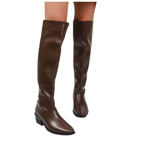 Rokment Womens Slouchy Thigh High Boots Fashion Winter Fall Leather Pointed Toe Chunky Mid Heel Wide Calf over The Knee Dress Tall Boots Brown Size 7