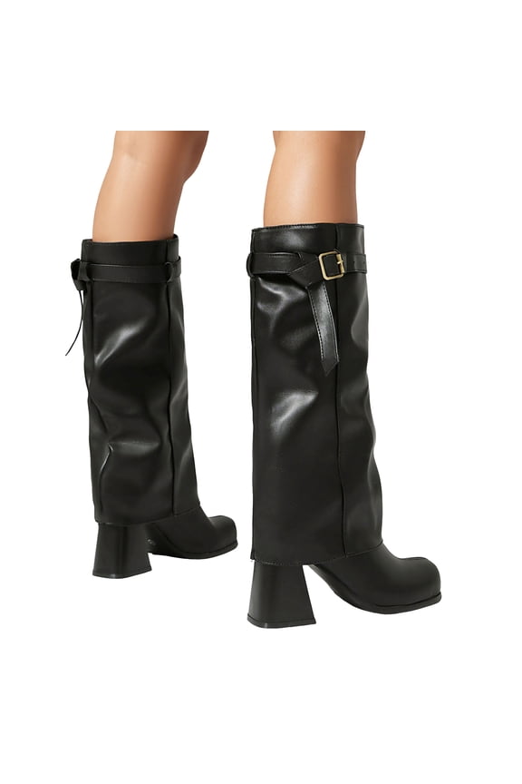 Womens Slouchy Wide Calf Fold over Knee High Boots Winter Fall Fashion Square Toe Chunky Heel Mid Calf Foldover Tall Boots