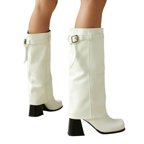 Rokment Womens Slouchy Wide Calf Fold over Knee High Boots Winter Fall Fashion Square Toe Chunky Heel Mid Calf Foldover Tall Boots