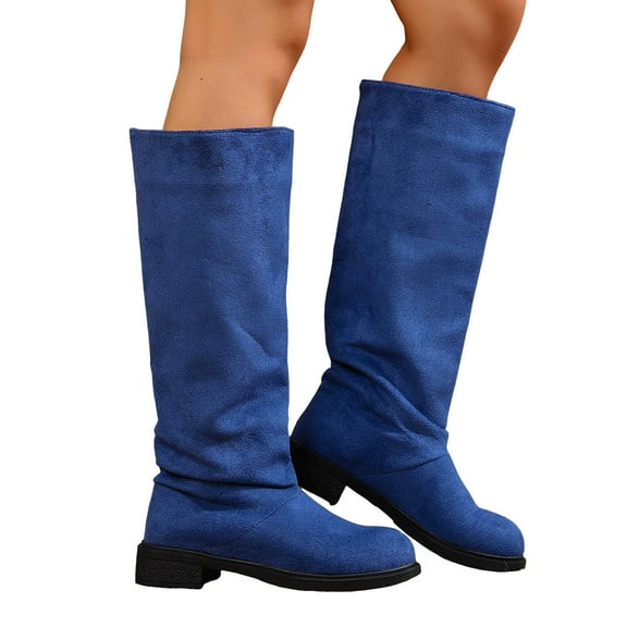Rokment Womens Slouchy Wide Calf Knee High Boots Fall Winter Stylish Casual Suede Round Toe Low Heel Pull on Long Tall Dress Boots Solid Color Blue Size 7