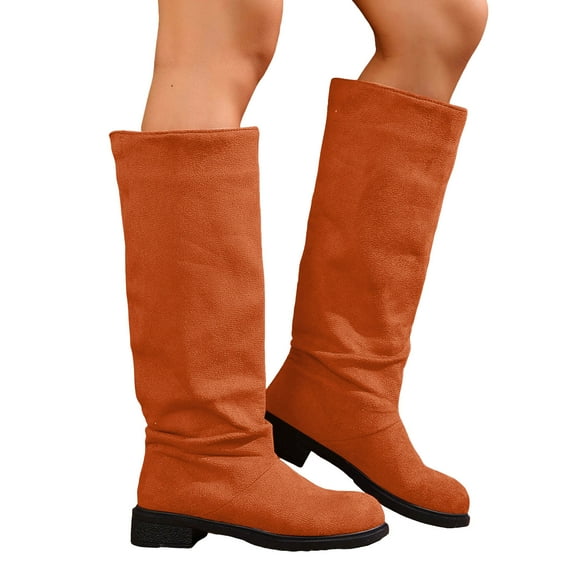 Rokment Womens Slouchy Wide Calf Knee High Boots Fall Winter Stylish Casual Suede Round Toe Low Heel Pull on Long Tall Dress Boots Solid Color Orange Size 5.5