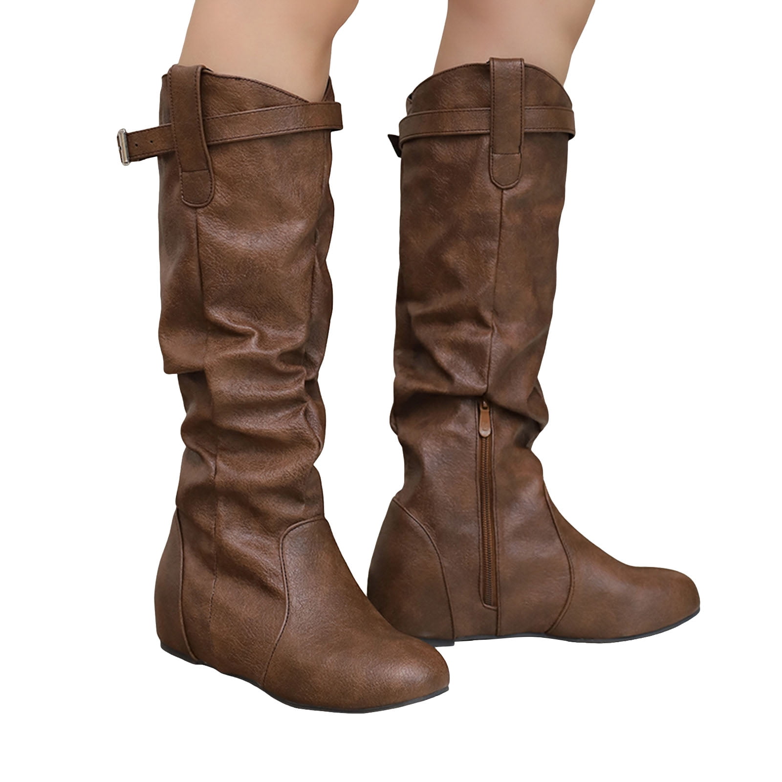 brown flat dress boots Dakaela Women's Knee High Low Heel Slouch Boot Round Toe Wide Calf Winter Shoes Haltham is offered in petite Handcrafted Suede Camel Leather Ankle